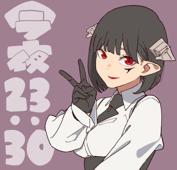 1girl black_gloves black_hair black_necktie bob_cut commentary demon_girl demon_horns facial_mark gloves hime-sama_"goumon"_no_jikan_desu hirakei horns lipstick long_sleeves looking_at_viewer makeup necktie pointy_ears red_eyes shirt short_hair slit_pupils solo torture_tortura translated upper_body v white_shirt