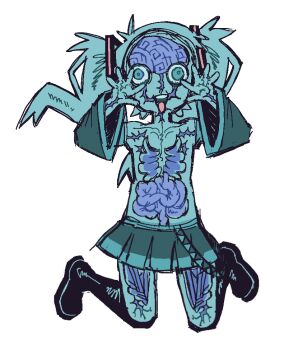 1girl black_boots black_skirt black_sleeves blue_eyes blue_hair boots brain detached_sleeves eye_socket ghuoulish hands_up hatsune_miku see-through_body skirt veins vocaloid
