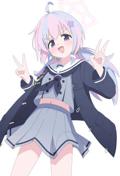 1girl absurdres ahoge black_coat black_neckerchief blue_archive blue_hair coat commentary cowboy_shot crop_top crop_top_overhang cropped_shirt double_v duffel_coat grey_eyes grey_serafuku grey_shirt grey_skirt hair_ornament halo highres long_hair long_sleeves looking_at_viewer low_twintails midriff miniskirt multicolored_hair navel neckerchief nyan_(float_495) open_clothes open_coat open_mouth pink_hair pleated_skirt reisa_(blue_archive) sailor_collar school_uniform serafuku shirt simple_background skirt smile solo standing star_(symbol) star_hair_ornament star_halo straight_hair twintails two-tone_hair v v-shaped_eyebrows white_background white_halo white_sailor_collar