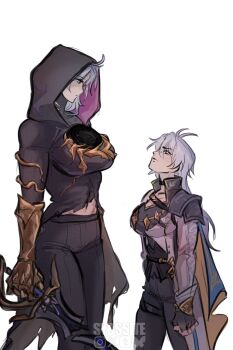 2girls antenna_hair artist_name black_cloak black_hood black_pants black_shirt blue_eyes breasts cleavage cloak closed_mouth commentary dawnmaker_(honkai:_star_rail) dual_persona english_commentary expressionless eye_contact feet_out_of_frame flame_reaver_of_the_deepest_dark from_side gauntlets genderswap genderswap_(mtf) hair_between_eyes height_difference highres holding holding_sword holding_weapon honkai:_star_rail honkai_(series) hood hooded_cloak large_breasts long_hair looking_at_another looking_down looking_up midriff_peek multiple_girls pants phainon_(honkai:_star_rail) shirt simple_background sword sybssite weapon white_background white_hair