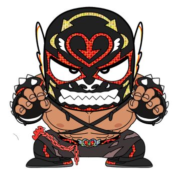 1boy bara bare_pectorals chibi copyright_request dark-skinned_male dark_skin fighting_stance fingerless_gloves full_body gloves heart heart_print large_pectorals looking_at_viewer luchador_mask male_focus mask muscular muscular_male nipples pectorals solo spread_legs standing white_background wrestler wrestling_outfit yakisoba_ohmori
