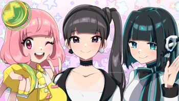 3girls animification black_eyes black_hair black_ribbon commentary earrings eyeshadow fingerless_gloves fingernails gloves green_eyes hand_up hat headphones highres humagear_headphones is_(kamen_rider_01) jewelry kamen_rider kamen_rider_01_(series) kamen_rider_ex-aid_(series) kamen_rider_geats_(series) looking_at_viewer makeup mole mole_under_eye multiple_girls musical_note nashirasauce necktie one_eye_closed open_mouth pink_eyes pink_hair ponytail poppi_pipopapo ribbon short_hair smile tokusatsu tsumuri_(kamen_rider_geats) twitter_username v yellow_gloves