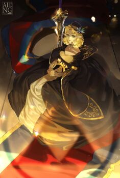 Rule 34 | 1girl, absurdres, black dress, black hat, blonde hair, blue flower, breasts, choker, cleavage, closed mouth, commentary request, dress, flower, from above, gold trim, green eyes, hat, hat flower, highres, korean commentary, layered sleeves, long dress, looking at viewer, medium breasts, medium hair, nintendo, parted bangs, planted, planted sword, planted weapon, pointy ears, princess zelda, solo, sword, the legend of zelda, the legend of zelda: breath of the wild, weapon, zelrinell