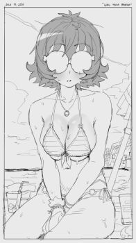 Rule 34 | 1girl, 2021, bare shoulders, beach, bikini, blush, border, bracelet, brazil, breasts, cleavage, cloud, cloudy sky, collar, collarbone, cup, dated, day, drink, drinking straw, front-tie top, glasses, greyscale, halterneck, hatching (texture), ice, jewelry, julia (slammo), large breasts, linear hatching, looking at viewer, medium hair, messy hair, monochrome, navel, necklace, o-ring, o-ring bikini, o-ring bottom, o-ring top, ocean, opaque glasses, original, outdoors, own hands together, parasol, parted lips, pendant, short hair, side-tie bikini bottom, sitting, sky, slammo, solo, striped bikini, striped clothes, sweat, sweatdrop, swimsuit, title, umbrella, vertical-striped bikini, vertical-striped clothes