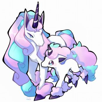 animal_focus aqua_hair blue_eyes blush closed_mouth commentary_request cp9_zr galarian_form galarian_ponyta galarian_rapidash gen_8_pokemon highres horns multicolored_eyes multicolored_hair nintendo no_humans pink_hair pokemon pokemon_(creature) purple_eyes simple_background single_horn smile two-tone_hair unicorn white_background
