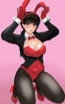 1girl black_hair blue_eyes blush breasts chainsaw_man cleavage high_heels low_twintails mitaka_asa nipples pink_background playboy_bunny rabbit_ears rabbit_pose solo twintails vestartist