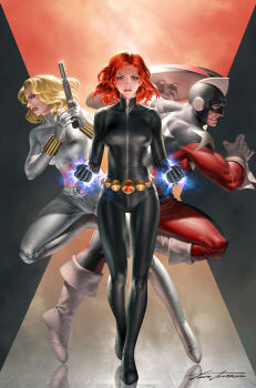 1boy 2girls avengers_(series) black_bodysuit black_gloves black_widow blonde_hair blue_eyes bodysuit boots character_logo clenched_hands clenched_teeth comic_cover commentary cowl english_commentary full_body gloves gun handgun highres holding holding_gun holding_weapon looking_at_viewer marvel medium_hair midriff multiple_girls muscular muscular_male natasha_romanoff official_art orange_hair pants profile red_guardian_(marvel) shirt signature superhero_costume suppressor teeth weapon white_boots white_gloves white_pants white_shirt yelena_belova yoon_junggeun