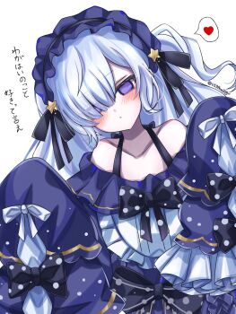 1girl bare_shoulders black_bow black_ribbon blue_dress blue_hairband bow closed_mouth commentary_request dress frilled_dress frilled_sleeves frills gothic_lolita hair_over_one_eye hair_ribbon hairband heart highres lolita_fashion lolita_hairband long_hair long_sleeves looking_at_viewer mahou_shoujo_no_majo_saiban natsume_an-an one_side_up polka_dot polka_dot_bow purple_eyes ribbon sleeves_past_fingers sleeves_past_wrists solo spoken_heart translation_request usgpeace very_long_hair white_background white_hair