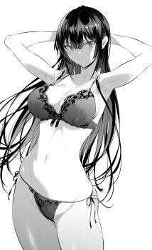 1girl armpits arms_behind_head black_hair bow bow_bra bra breasts collarbone cowboy_shot greyscale hair_ribbon haite_kudasai_takamine-san highres hiiragi_yuuichi large_breasts long_hair monochrome navel panties ribbon side-tie_panties solo takamine_takane underwear underwear_only