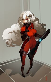 Rule 34 | 1girl, absurdres, alpha (alpha 1918), alpha 1918, artist name, black gloves, bodysuit, boots, breasts, clenched teeth, colored sclera, corner, cosplay, deo artist, fingerless gloves, fluffy, fluffy hair, gloves, grey background, gun, hair ornament, hand on own face, highres, holding, holding gun, holding weapon, lace-up boots, long hair, looking at viewer, medium breasts, morgan yu, morgan yu (cosplay), original, prey (2017), red bodysuit, red eyes, red sclera, shotgun, side zipper, signature, solo, teeth, thigh strap, very long hair, weapon, white hair, zipper, zipper pull tab