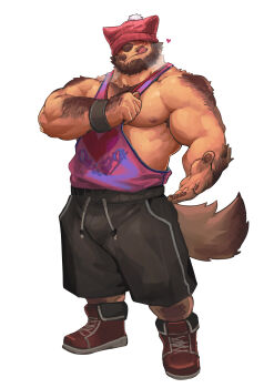 1boy :q animal_ear_headwear animal_ears bara bare_pectorals beanie beard blush boots borrowed_character brown_fur clothes_pull come_hither dog_boy facial_hair fake_animal_ears furry hairy hand_hair hat hat_over_eyes heart highres large_pectorals male_focus mr.knitted_hat_(john69tsuyoshi) muscular muscular_male mustache nipples original outstretched_hand pants pectorals pencil_mustache pink_hat pink_tank_top presenting_sidepec reaching reaching_towards_viewer shirt_pull shorts solo standing strongman_waist tank_top thick_arm_hair thick_back_hair thick_beard thick_chest_hair thick_leg_hair tongue tongue_out track_pants very_hairy zoyu_(wuedti)