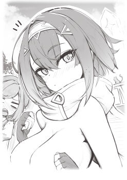 2girls amber_(stella_sora) breasts cat cleavage commentary_request expressionless fingerless_gloves gloves highres iris_(stella_sora) large_breasts looking_at_viewer lucky_oasis_(stella_sora) monochrome monolith_(stella_sora) multiple_girls nude sky solo_focus stella_sora tatapopo