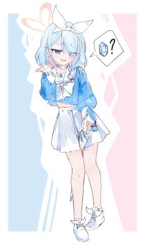 1girl :d ? absurdres arona_(blue_archive) between_thighs ble_eyes blue_archive blue_hair blue_shirt blush bow bowtie braid choker colored_inner_hair commentary cropped_shirt eyes_visible_through_hair footwear_ribbon gun hair_between_eyes hair_intakes hair_over_one_eye hair_ribbon hairband halo hand_up highres holding holding_gun holding_umbrella holding_weapon long_sleeves looking_at_viewer medium_hair meliach multicolored_hair navel open_mouth pink_hair pink_halo pleated_skirt pyroxene_(blue_archive) ribbon sailor_collar shirt shoes single_braid skirt smile solo speech_bubble standing two-tone_hair umbrella weapon whale_ornament white_bow white_bowtie white_choker white_hairband white_ribbon white_sailor_collar white_shoes white_skirt