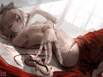 1girl alterkyon android artist_logo blue_eyes bonnet breasts brown_hair commentary doll_joints english_commentary genshin_impact highres indoors joints logo looking_at_viewer lying nude on_back sandrone_(genshin_impact) short_hair_with_long_locks solo winding_key