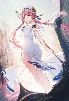 1girl aria_(manga) ass boat cloud commentary_request cutlass_(classic_chocolate) dress evening feet_out_of_frame gondola green_eyes hat highres holding holding_paddle long_hair looking_at_viewer mizunashi_akari on_boat open_mouth outdoors paddle parted_bangs pink_hair short_sleeves solo standing sunset watercraft white_dress white_hat