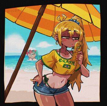 3girls akita_neru alternate_costume antenna_hair beach_umbrella blonde_hair blue_hair blurry blurry_background brazilian_miku_(cosplay) cellphone closed_mouth collarbone cosplay cropped_shirt day denim denim_shorts drill_hair earrings flip_phone hair_bobbles hair_ornament hatsune_miku highres jewelry kasane_teto kiss long_hair micro_shorts multiple_girls navel osidid outdoors phone red_hair short_hair short_sleeves shorts side_ponytail sweatdrop tan tanline triple_baka_(vocaloid) twin_drills twintails umbrella vocaloid yellow_eyes yellow_nails yuri