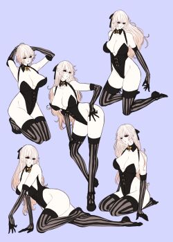 1girl breasts genderswap genderswap_(mtf) gloves hair_ribbon highres jojo_no_kimyou_na_bouken kinako_(nurupoga) leotard red_eyes ribbon risotto_nero thighhighs vento_aureo white_hair