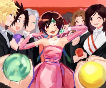 3girls 4boys aerith_gainsborough alternate_costume arms_up belt black_hair black_jacket black_suit blonde_hair blue_eyes bob_cut bow bowtie bracelet brown_hair cloud_strife collared_shirt commentary cosplay dress earrings elbow_gloves english_commentary facing_to_the_side final_fantasy final_fantasy_vii final_fantasy_vii_remake formal_clothes giving gloves green_eyes green_headband grey_hair hair_intakes hair_ribbon hairband hand_up happy headband highres holding indoors jacket jewelry light_blush long_bangs looking_at_another madonna_(singer) madonna_(singer)_(cosplay) materia multiple_boys multiple_girls necklace one_eye_closed open_mouth orb parody parted_bangs pearl_bracelet pearl_necklace pink_belt pink_dress pink_gloves pink_ribbon pov pov_hands red_background red_eyes red_hairband ribbon sephiroth shirt short_hair smile spiked_hair strapless strapless_dress suit suit_jacket teeth tifa_lockhart upper_body upper_teeth_only vincent_valentine white_bow white_bowtie white_shirt yomyompi yuffie_kisaragi zack_fair