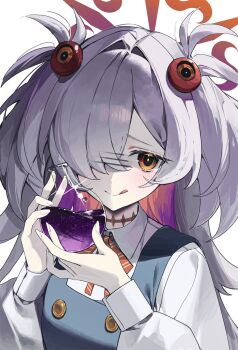 1girl :q absurdres black_dress blue_archive blush buttons collared_shirt colored_inner_hair diagonal-striped_ribbon double-breasted dress flask flat_chest g5_(g5_gugu) grey_hair hair_intakes hair_over_one_eye halo hands_up hashtag-only_commentary highres holding holding_flask kanoe_(blue_archive) long_bangs long_hair long_sleeves messy_hair multicolored_hair orange_eyes orange_halo pale_skin parted_bangs partially_shaded_face pinafore_dress pink_hair puffy_long_sleeves puffy_sleeves purple_hair red_ribbon ribbon round-bottom_flask scar scar_on_neck shirt short_twintails sidelocks sleeve_cuffs sleeveless sleeveless_dress solo tongue tongue_out twintails very_long_hair white_shirt