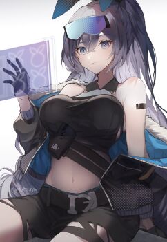 1girl belly black_gloves black_jacket black_shirt black_shorts breasts bronya_zaychik bronya_zaychik_(haxxor_bunny) bronya_zaychik_(silverwing:_n-ex) collared_shirt drill_hair drill_ponytail gloves grey_eyes grey_hair hacker hair_ornament highres holographic_monitor honkai_(series) honkai_impact_3rd jacket large_breasts long_hair navel pink_pupils ponytail rabbit_hair_ornament shirt shorts sleeveless sleeveless_shirt smile solo tare_(tonikaku_magaru)