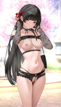 1girl absurdres bag black_bag black_hair black_panties black_sleeves breasts chisa_(wuthering_waves) commentary detached_sleeves fishnets floral_print_sleeves hair_ribbon hands_up highres ir_who long_hair looking_at_viewer medium_breasts navel nipples panties pearl_thong public_indecency red_eyes red_ribbon ribbon solo stomach string_panties underwear variant_set wuthering_waves