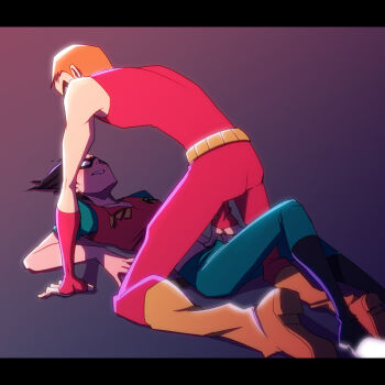 2boys black_hair blush bodysuit cape dc_comics dick_grayson fingerless_gloves gloves lying male_focus mask multiple_boys on_back robin_(dc) roy_harper sleeveless speedy straddling teen_titans yaoi