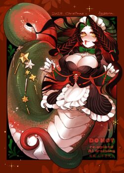 1girl apron black_corset black_hair border braid breasts center_frills christmas cleavage commentary_request corset english_text frilled_apron frilled_skirt frills gloves green_hair green_scales green_tail highres hogara holding holding_string holly lamia large_breasts long_hair long_sleeves maid_headdress monster_girl multicolored_hair original red_border red_scales red_tail scales side_braids signature skirt slit_pupils solo string tail two-tone_hair two-tone_tail underbust vertical-striped_corset watermark white_gloves yellow_eyes