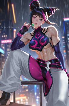 1girl abs arm_support baggy_pants biceps black_hair blurry blurry_background bracelet breasts building candy city commentary crop_top fingerless_gloves fingernails floating_hair food foot_out_of_frame gloves green_eyes hair_horns han_juri heterochromia highres holding holding_candy holding_food holding_lollipop jewelry large_breasts lipstick lollipop long_fingernails looking_to_the_side makeup multicolored_hair muscular muscular_female nail_polish navel night outdoors pants patreon_username pink_eyes pink_hair pink_lips pink_nails pinky_out railing rain robusta_mania sideways_glance solo spiked_bracelet spikes streaked_hair street_fighter street_fighter_6 two-tone_hair underboob water_drop wet