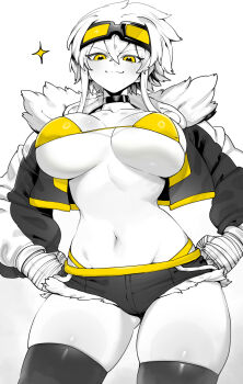 1girl absurdres bikini black_choker black_jacket black_shorts black_thighhighs blush breasts choker closed_mouth commentary_request fur-trimmed_jacket fur_trim goggles goggles_on_head greyscale hair_between_eyes hands_on_own_hips highres jacket large_breasts medium_hair monochrome niwamaru_(niwarhythm) niwarhythm open_clothes open_jacket original short_shorts shorts smile solo standing swimsuit thick_thighs thighhighs thighs yellow_bikini