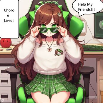 1girl alternate_costume bow braid chief_117 full_body genderswap green_eyes green_skirt hair_bow legs looking_at_viewer pc pointy_ears school_uniform skirt solo symbol-shaped_pupils thighhighs thighs xbox_mil_grau