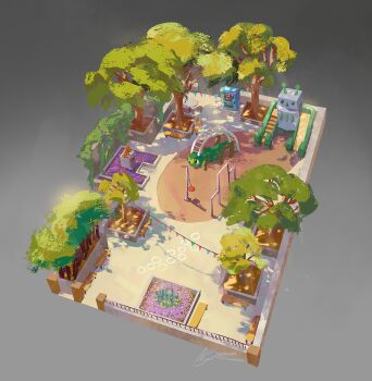 Rule 34 | artist name, bunting, bush, concept art, dappled sunlight, from above, horizontal bar, isometric, ladder, little kitty big city, no humans, outdoors, park, plant, railing, robot, scenery, shadow, signature, sunlight, tree, vending machine, vines, zandra