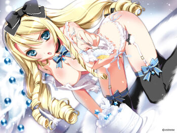 1girl alice_(pairon) arched_back ass blonde_hair blue_eyes blush bottomless bow bowtie breasts butt_crack cake censored christmas_tree convenient_censoring drill_hair feeding female_focus food frown garter_belt hair_bow hair_censor hairband incoming_food kamiya_maneki large_breasts lingerie long_hair looking_at_viewer momoiro_taisen_pairon no_bra no_panties open_clothes open_shirt pastry pov_feeding ringlets shirt solo thighhighs underwear wardrobe_malfunction watermark