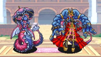 animated attack black_sclera blue_hair colored_sclera commentary crown digimon digimon_(creature) english_commentary hat highres horns jovvilo lamia lamiamon long_hair looking_at_viewer mask medusamon monster_girl ribbon shadow snake snake_hair tagme tail video yellow_eyes