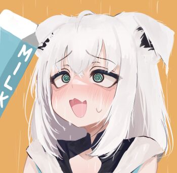 1girl :3 :d @_@ absurdres ahoge animal_ear_fluff animal_ears aqua_eyes black_shirt blush commentary constricted_pupils crossed_bangs drinking dripping droopy_ears english_commentary expressive_hair eyelashes fox_ears fox_girl hair_between_eyes highres hololive long_hair lucien_000298 milk milk_carton nervous_smile nervous_sweating nose_blush open_mouth orange_background portrait raised_eyebrows saliva saliva_trail sexually_suggestive shirakami_fubuki shirt sick sidelocks sleeveless sleeveless_shirt smile solo sweat sweatdrop uncomfortable virtual_youtuber white_hair white_shirt