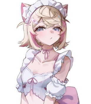 1girl animal_ear_fluff animal_ears bare_shoulders blue_eyes breasts cleavage clothing_request collarbone commentary dog_ears dog_girl english_commentary hololive hololive_english maid_headdress multicolored_hair pink_hair short_hair simple_background small_breasts sobbi11 solo streaked_hair sweat two-tone_hair two_side_up upper_body virtual_youtuber white_background