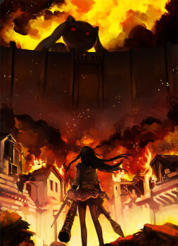 1girl a_grim_reminder akemi_homura akemi_homura_(magical_girl) animal assault_rifle black_hair blackrabbitsoul burning burning_building crossover derivative_work embers epic fire frilled_skirt frills from_behind gun holding kyubey long_hair m16 m16a2 m1_bazooka magical_girl mahou_shoujo_madoka_magica mahou_shoujo_madoka_magica_(anime) oversized_animal pantyhose parody red_eyes rifle rocket_launcher school_uniform serafuku shingeki_no_kyojin skirt smoke standing wall weapon