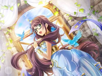 1girl absurdly_long_hair alternate_hair_length alternate_hairstyle bird blue_dress bow bracer cosplay curtains dress floating_hair game_cg glasses green_eyes hair_bow hands_in_own_hair headpiece hoshimi_junna long_hair looking_at_viewer looking_back official_art open_mouth purple_hair rapunzel_(fairy_tale) rapunzel_(fairy_tale_character) rapunzel_(fairy_tale_character)_(cosplay) shoujo_kageki_revue_starlight shoujo_kageki_revue_starlight_-re_live- solo standing very_long_hair window