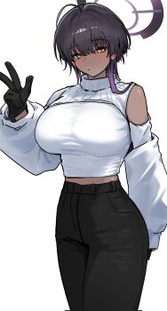 1girl ahoge alternate_costume alternate_hair_length alternate_hairstyle bare_shoulders black_gloves black_hair black_pants blue_archive blush breasts cowboy_shot crop_top dark-skinned_female dark_skin detached_sleeves gloves gradient_hair guwall halo highres karin_(blue_archive) large_breasts looking_at_viewer medium_hair midriff_peek multicolored_hair pants puffy_sleeves purple_hair purple_halo shirt sleeveless sleeveless_shirt solo sweater turtleneck turtleneck_sweater two-tone_hair wolf_cut yellow_eyes