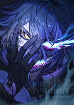 1boy absurdres artist_name black_gloves chinnpou closed_mouth commentary flaming_eye flins_(genshin_impact) genshin_impact gloves hair_between_eyes hand_over_face hand_up hashtag-only_commentary highres long_hair long_sleeves looking_at_viewer male_focus portrait purple_hair solo split_theme watermark yellow_eyes