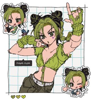1girl :o arm_warmers black_arm_warmers black_border black_hair blush border braid bug bun_with_braided_base butterfly cargo_pants character_name chibi chibi_inset cone_hair_bun cowboy_shot cropped_jacket double_bun dynamic_pose english_text frilled_jacket frilled_sleeves frills fu_r_y green_arm_warmers green_eyes green_hair green_jacket green_lips green_shirt grid_background hair_between_eyes hair_bun hand_on_own_cheek hand_on_own_face heart highres insect jacket jojo_no_kimyou_na_bouken kuujou_jolyne midriff multicolored_hair navel one_eye_closed outline pants pointing pointing_at_self pointing_up shirt single_arm_warmer star_(symbol) star_on_cheek sticker stone_ocean striped_arm_warmers striped_clothes striped_shirt tied_jacket two-tone_hair white_border white_outline white_shirt