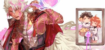 1boy ahoge apple black_hair bracelet braid cape closed_eyes commentary_request dark-skinned_male dark_skin facial_mark fate/grand_order fate_(series) food fruit fujimaru_ritsuka_(female) fujimaru_ritsuka_(male) golden_apple grey_hair hair_between_eyes highres holding holding_teapot jacket jewelry long_hair looking_at_viewer lvgpztoetp4nbha medium_hair neck_ring open_mouth orange_hair picture_frame pink_liquid sharp_teeth shirt short_hair single_braid solomon_(fate) teapot teeth wet wet_hair yellow_eyes