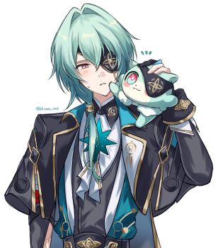 1boy anaxa_(honkai:_star_rail) aqua_hair ascot black_corset black_jacket blue_eyes chain chimera_(honkai:_star_rail) commentary_request corset creature earrings eyepatch gem hair_between_eyes hair_intakes hand_up highres honkai:_star_rail honkai_(series) jacket jewelry kimo_ooi lapels male_focus mandarin_collar medium_hair notched_lapels one_eye_covered parted_lips pink_pupils red_gemstone shirt side_ponytail simple_background single_earring solo sweatdrop twitter_username upper_body white_ascot white_background white_shirt
