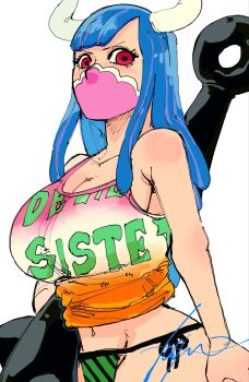 1girl artist_name bikini bikini_bottom_only blue_hair breasts cleavage crop_top face_mask highres large_breasts legs looking_at_viewer mask navel one_piece red_eyes side-tie_bikini_bottom solo swimsuit thick_thighs thighs ulti_(one_piece)