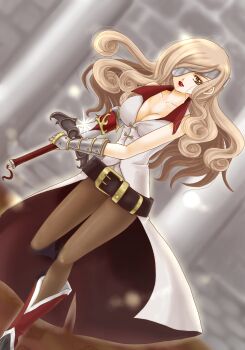 00s 1girl beatrix belt breasts brown_eyes brown_hair cleavage eyepatch female_focus final_fantasy final_fantasy_ix gloves highres kaito_azuma long_hair pantyhose save_the_queen solo sword weapon