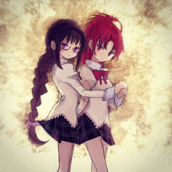 Rule 34 | 86thunder, akemi homura, black hair, black hairband, blush, bow, braid, braided ponytail, breasts, commentary request, dress bow, feet out of frame, hair bow, hairband, hand on another's hand, highres, long hair, looking at viewer, looking to the side, mahou shoujo madoka magica, medium breasts, mitakihara school uniform, purple bow, purple eyes, red-framed eyewear, red bow, red eyes, red hair, sakura kyoko, school uniform, sidelocks, standing