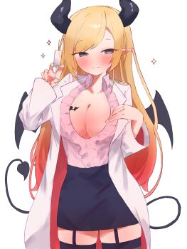 1girl absurdres black_garter_straps black_skirt black_thighhighs blonde_hair blue_eyes breast_tattoo breasts center_frills cleavage closed_mouth coat commentary_request demon_girl demon_horns demon_wings frills garter_straps highres holding holding_scythe hololive horns lab_coat large_breasts long_hair looking_at_viewer pink_shirt pointy_ears scythe shirt skirt smile solo tattoo tepenchi thighhighs very_long_hair virtual_youtuber white_coat wings yuzuki_choco yuzuki_choco_(1st_costume) zettai_ryouiki