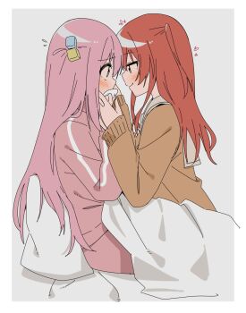 2girls blue_eyes blush bocchi_the_rock! brown_sailor_collar brown_shirt cube_hair_ornament face-to-face flying_sweatdrops gotoh_hitori grey_background hair_ornament hands_on_another's_face haru_(konomi_150) heart highres jacket kita_ikuyo long_hair medium_hair multiple_girls on_bed pants pillow pink_hair pink_jacket pink_pants pink_track_suit red_hair sailor_collar school_uniform shirt shuka_high_school_uniform side_ahoge side_ponytail simple_background smile track_jacket track_suit under_covers white_background yellow_eyes yuri