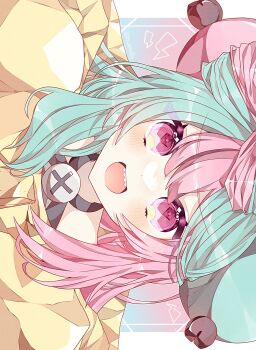 Rule 34 | 1girl, :d, blue hair, border, bow-shaped hair, character hair ornament, hair ornament, halter shirt, halterneck, highres, iono (pokemon), jacket, long hair, long sleeves, looking at viewer, multicolored hair, nintendo, open mouth, pink eyes, pink hair, pokemon, pokemon sv, purple background, sharp teeth, sideways, simple background, smile, solo, split-color hair, teeth, to camellia, two-tone hair, upper body, white border, x (symbol), yellow jacket