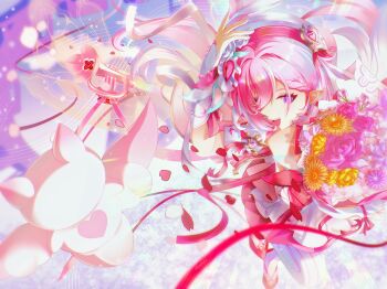 1girl absurdres arm_up breasts commentary dress elysia_(hi_love_elf)_(honkai_impact) elysia_(honkai_impact) english_commentary hair_ornament hat heart heart_hair_ornament highres honkai_(series) honkai_impact_3rd lolbyts looking_at_viewer medium_breasts open_mouth pink_hair pink_petals pink_theme purple_eyes smile solo white_dress white_hat