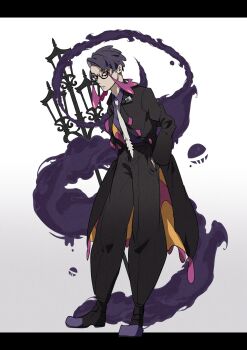 1boy baggy_pants black_jacket black_pants closed_mouth collared_shirt colored_smoke commentary_request corbeau_(pokemon) full_body hand_in_pocket highres jacket lamppost looking_at_viewer male_focus necktie nintendo omothi_pkmn orange_eyes pants pokemon pokemon_legends:_z-a purple_hair purple_shirt round_eyewear shirt short_hair slit_pupils smoke solo white_background white_necktie